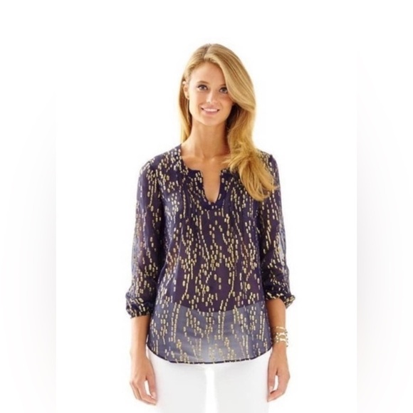 Lilly Pulitzer Tops - Lilly Pulitzer True Navy Gold Bubble Clip Dot Jacquard Blouse Top XS NWT SILK